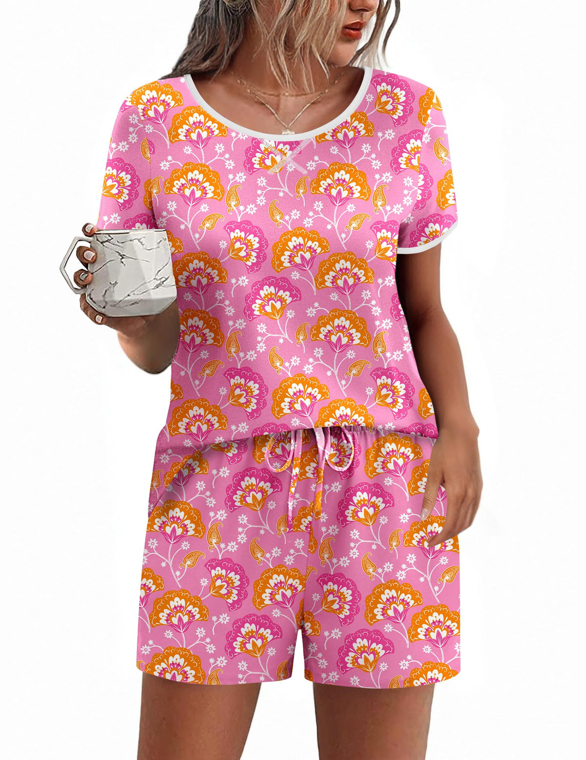 Ekouaer Women Pajama Set Casual Shorts Sets Short Leeve Lounge Set
