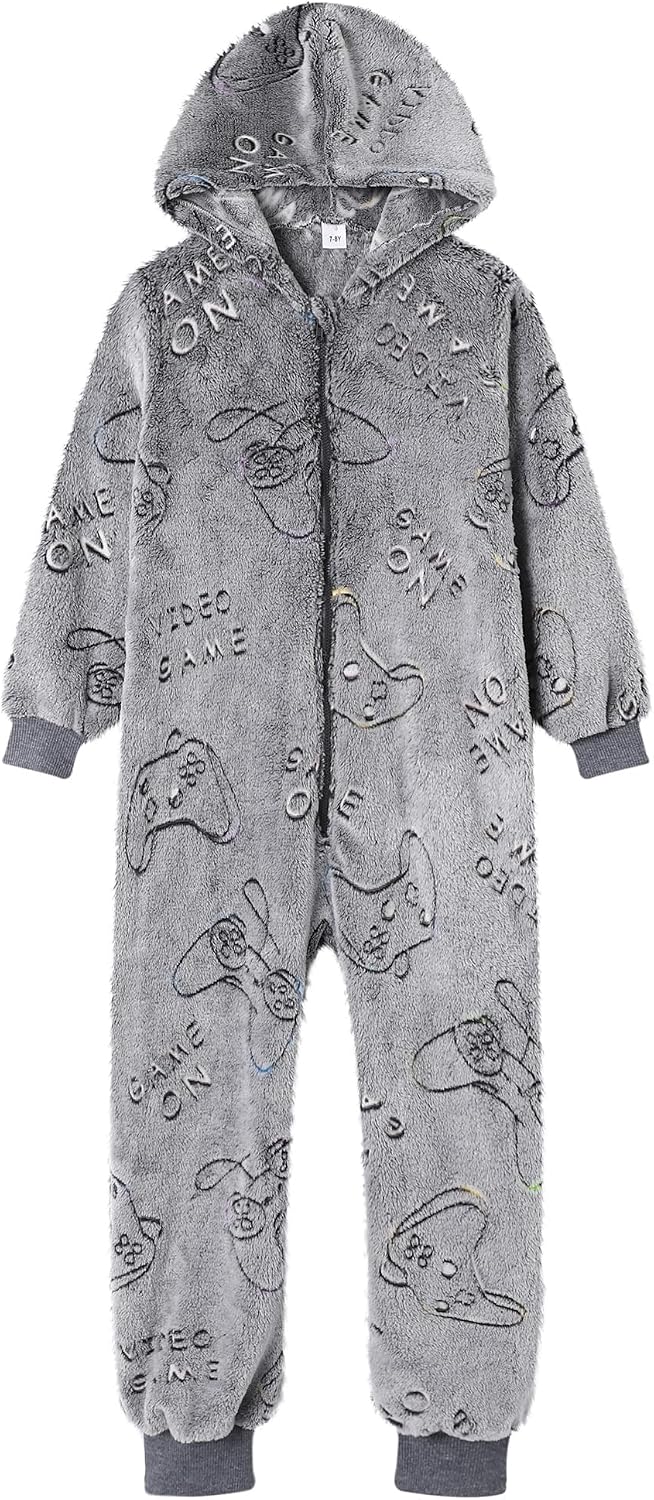 Boys Onesie Pajamas Cute Long Sleeve Fleece Jumpsuit with Hooded Fall