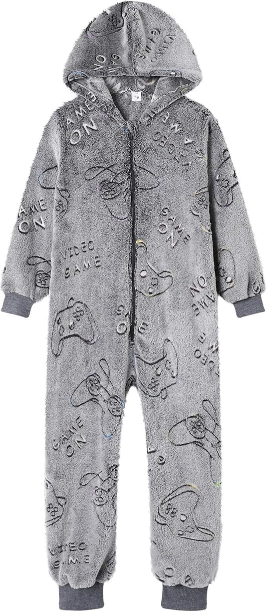Boys Onesie Pajamas Cute Long Sleeve Fleece Jumpsuit with Hooded Fall