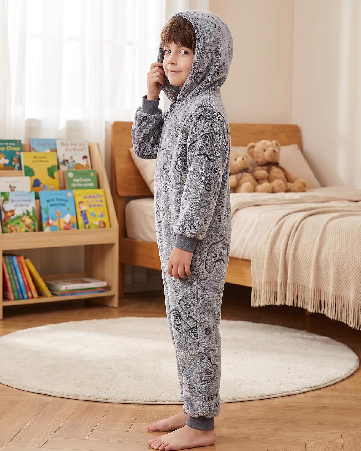 Boys Onesie Pajamas Cute Long Sleeve Fleece Jumpsuit with Hooded Fall
