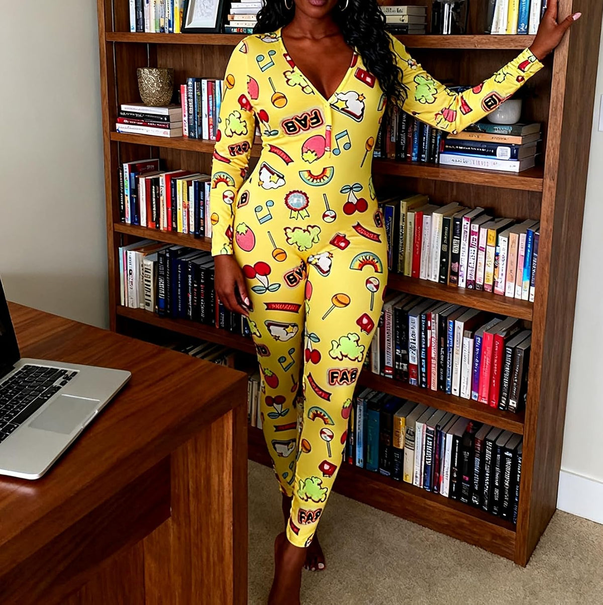Womens Long Sleeve Button Down One Piece V Neck Bodycon Jumpsuit Pajamas