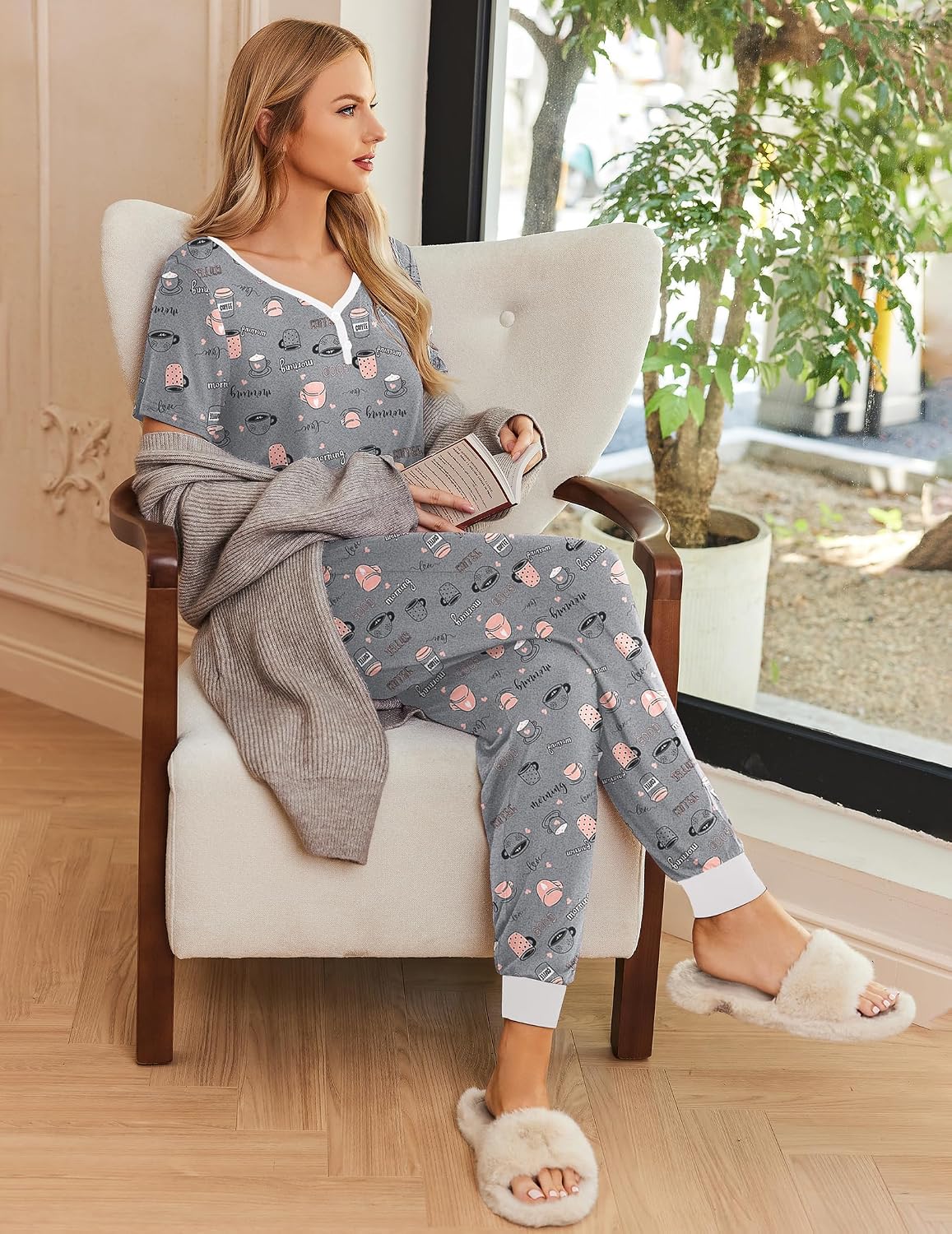 Ekouaer Pajamas for Women Set 2 Piece Short Sleeve Fall Pjs with Pockets