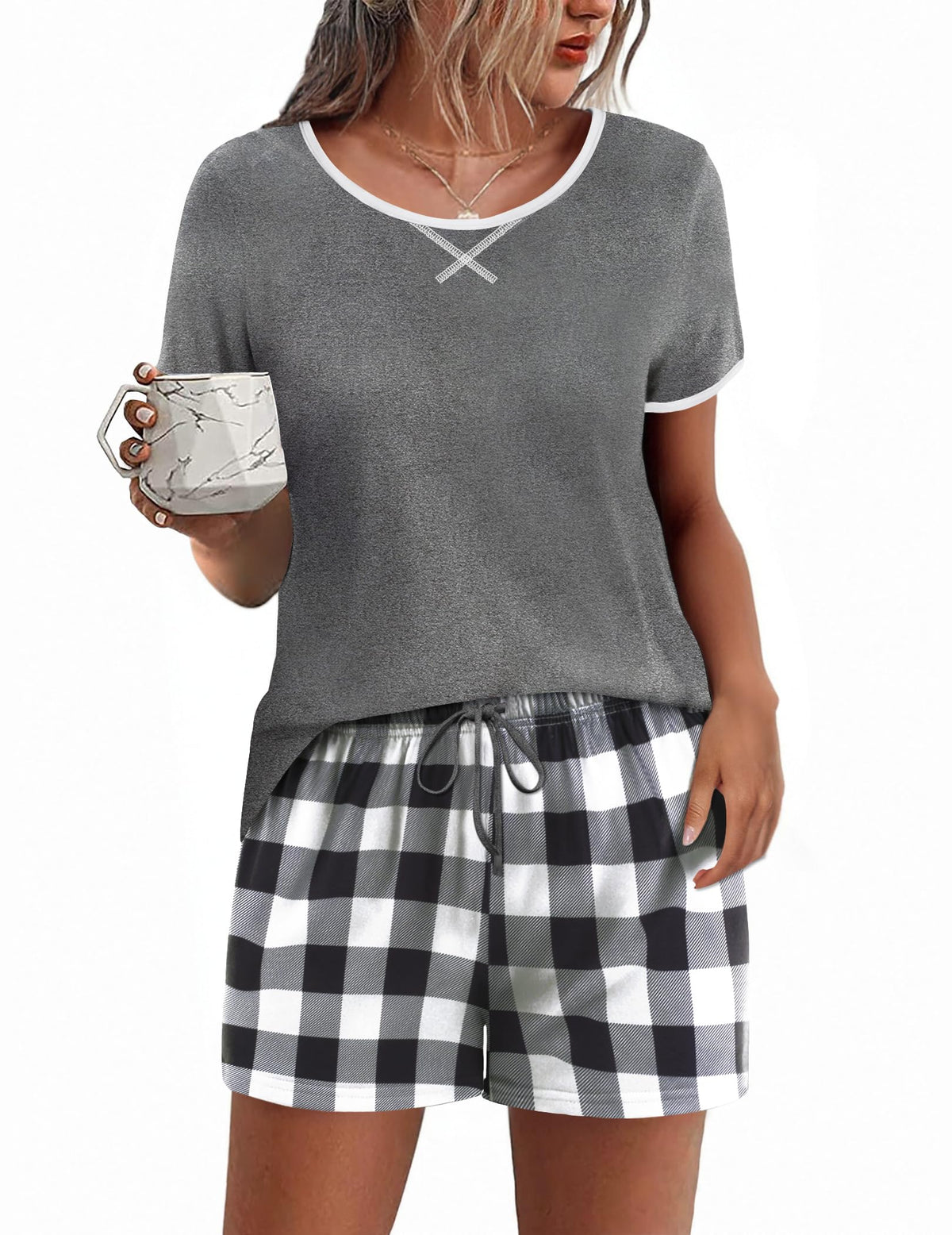 Ekouaer Women Pajama Set Casual Shorts Sets Short Leeve Lounge Set
