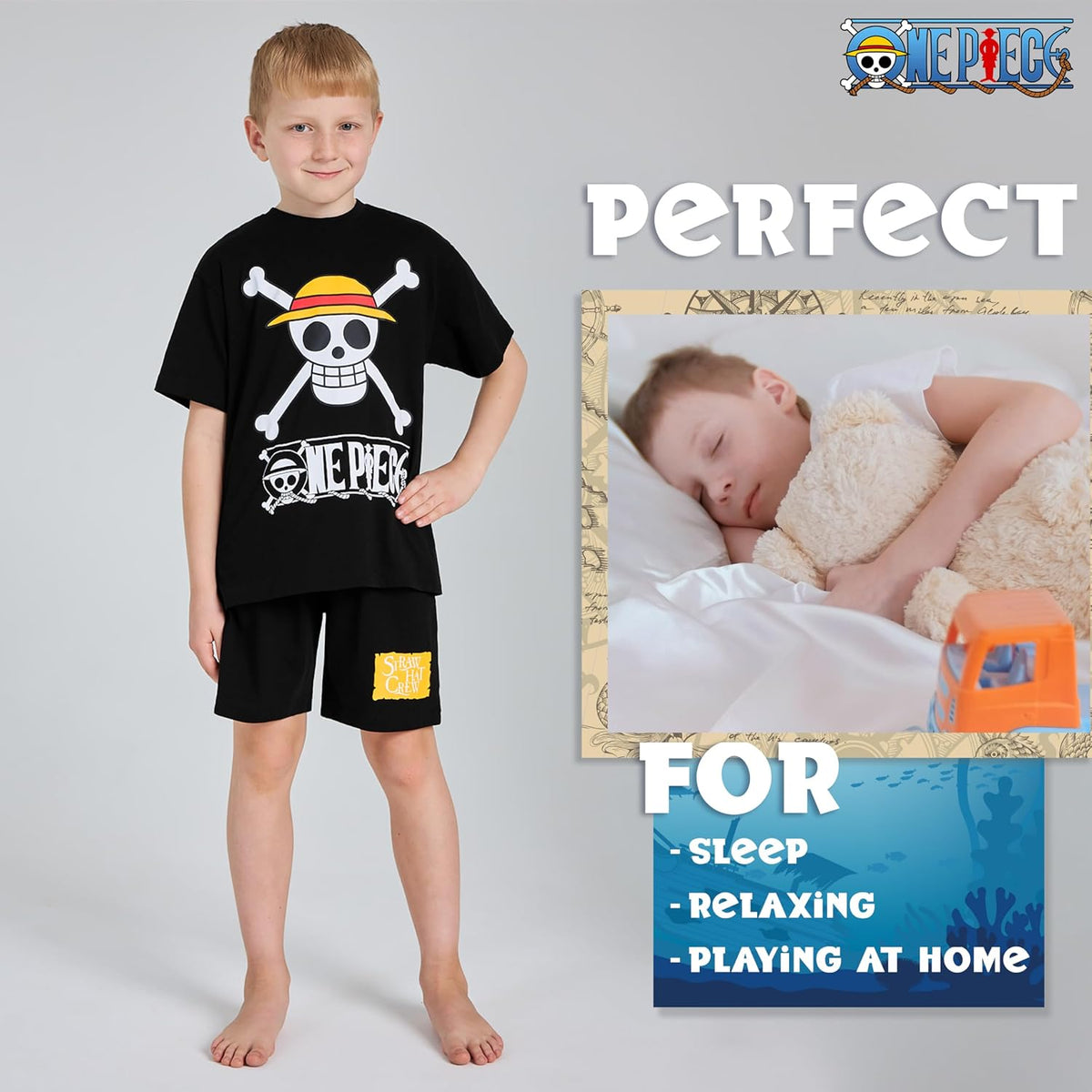 One Piece Pajama Set 2-Piece T shirt and Shorts Set Boys Summer PJ Set Loungewear Kids Clothing Matching Anime Gifts (Black, 11-12 Years)