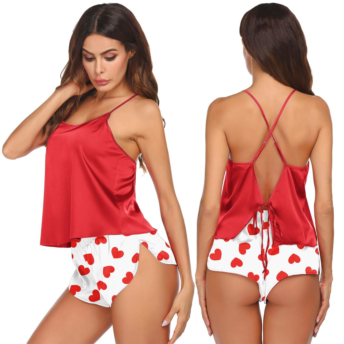 Ekouaer Silk Pajamas Set for Women Satin Backless Lingerie Pjs Cami Top and Shorts Nightwear