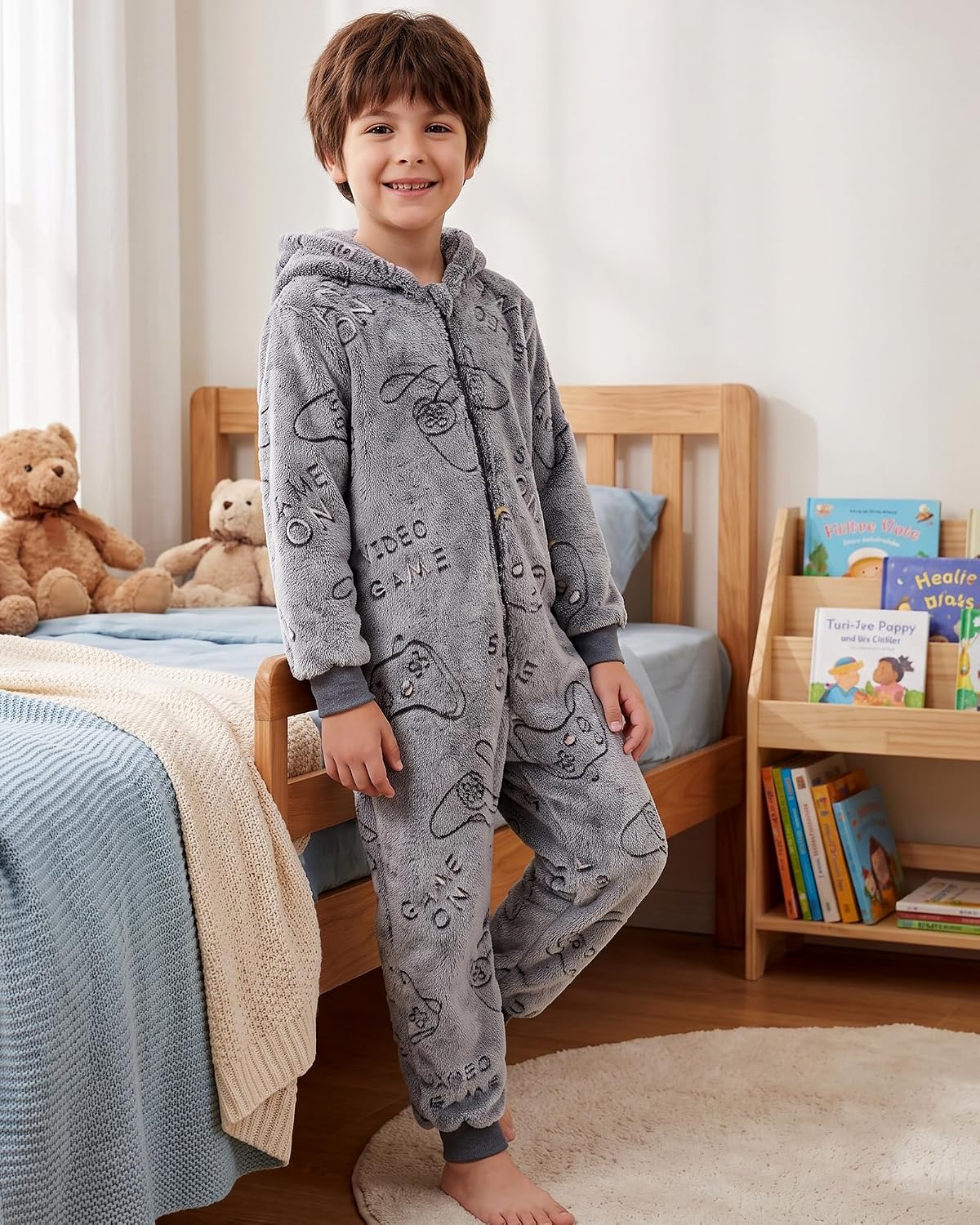 Boys Onesie Pajamas Cute Long Sleeve Fleece Jumpsuit with Hooded Fall