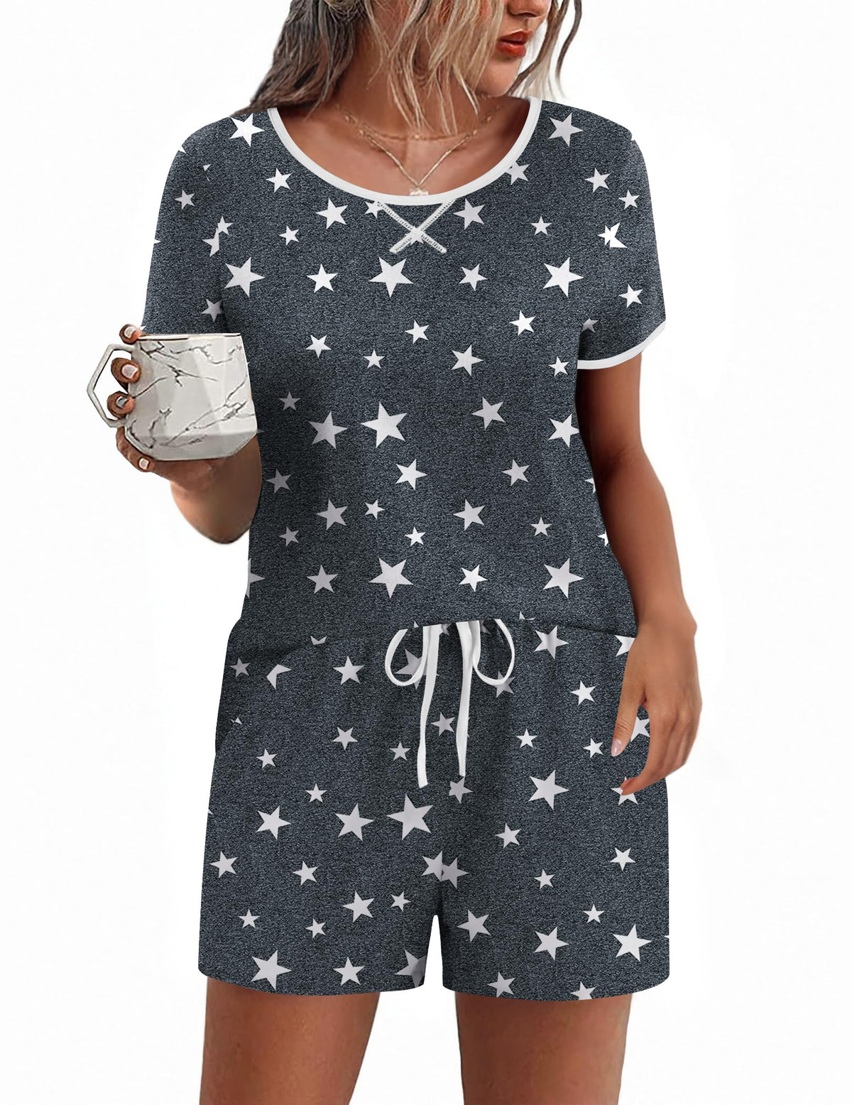 Ekouaer Women Pajama Set Casual Shorts Sets Short Leeve Lounge Set