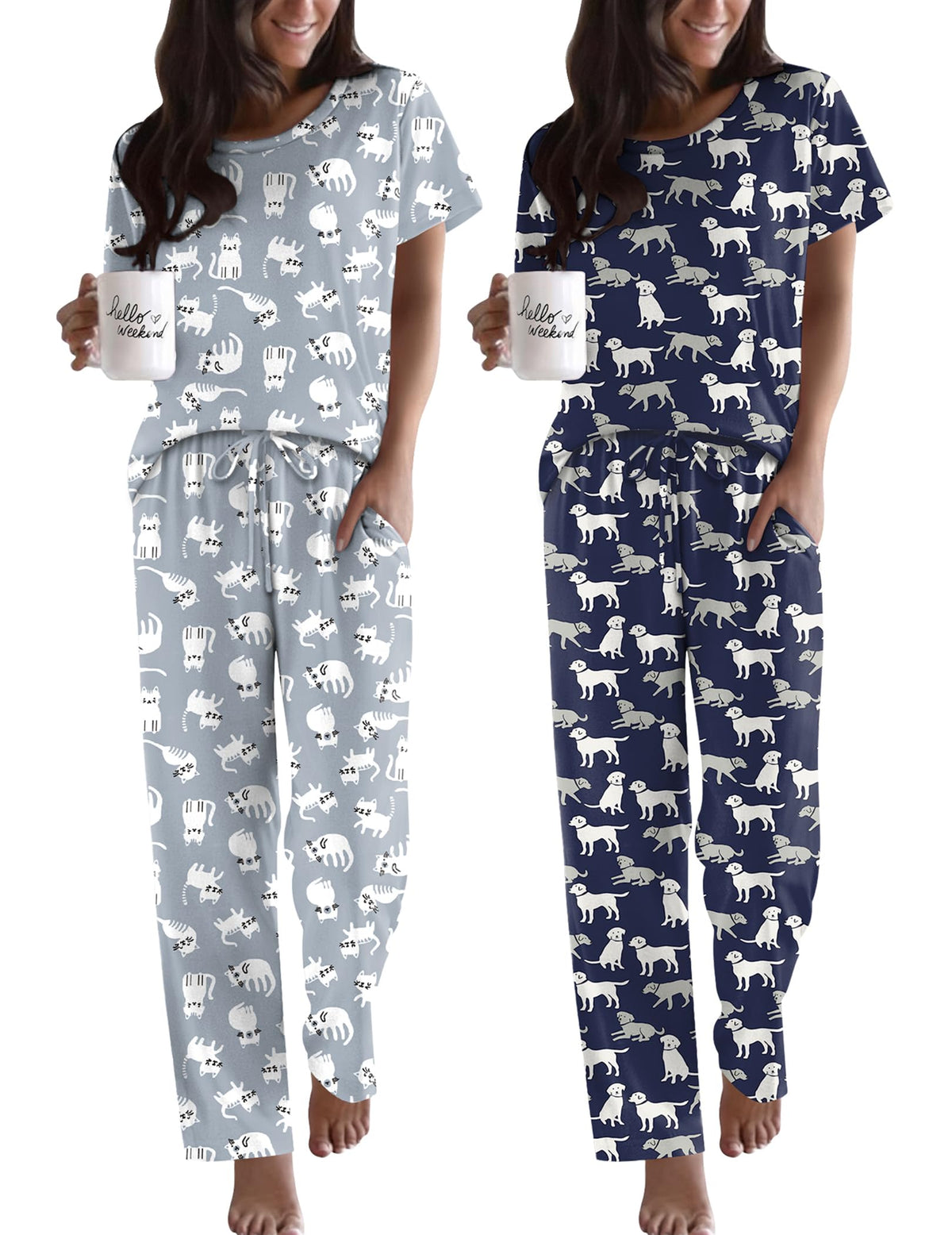 Ekouaer 2 Pack Womens Pajama Set Short Sleeve Top and Printed Pants Soft Pj