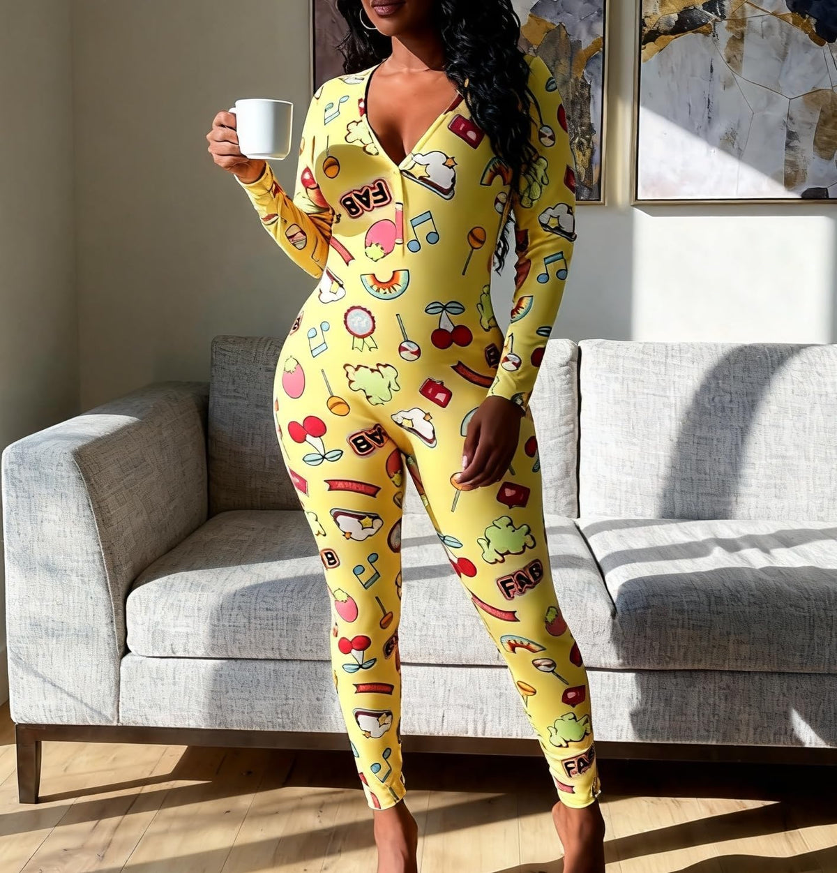 Womens Long Sleeve Button Down One Piece V Neck Bodycon Jumpsuit Pajamas