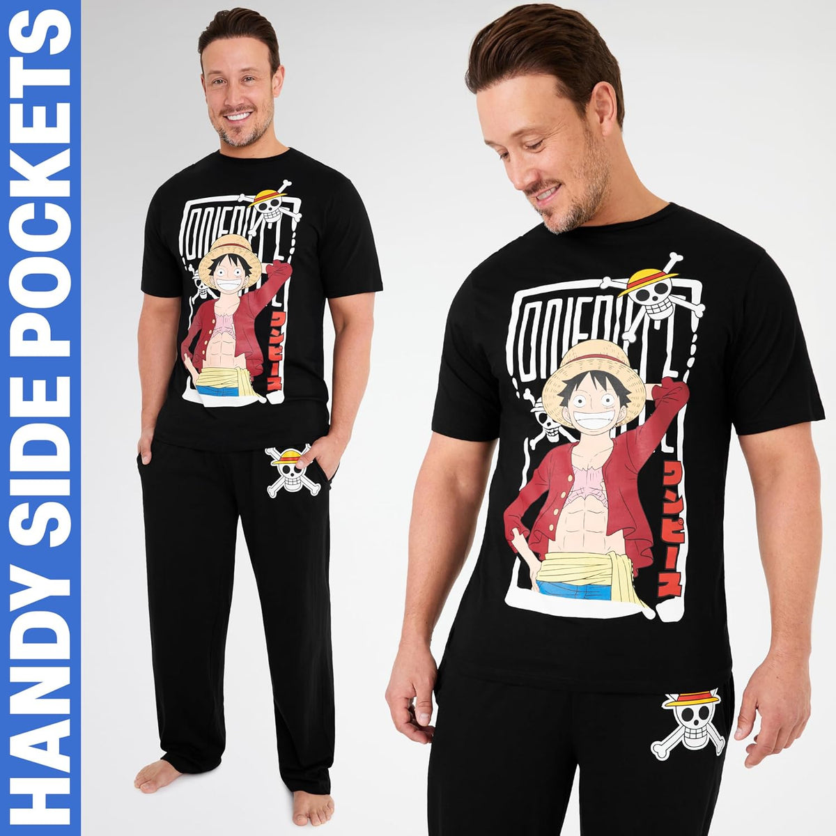 One Piece Pajama Set for Men, Teens, Cotton Lounge Set with Graphic Tee and Pajama Pants, Anime PJs Sleepwear, Gifts for Men