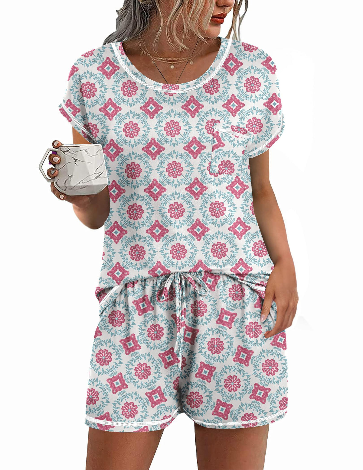 Ekouaer Womens Pajama Sets 2 Piece Pjs Short Sleeve Top and Shorts