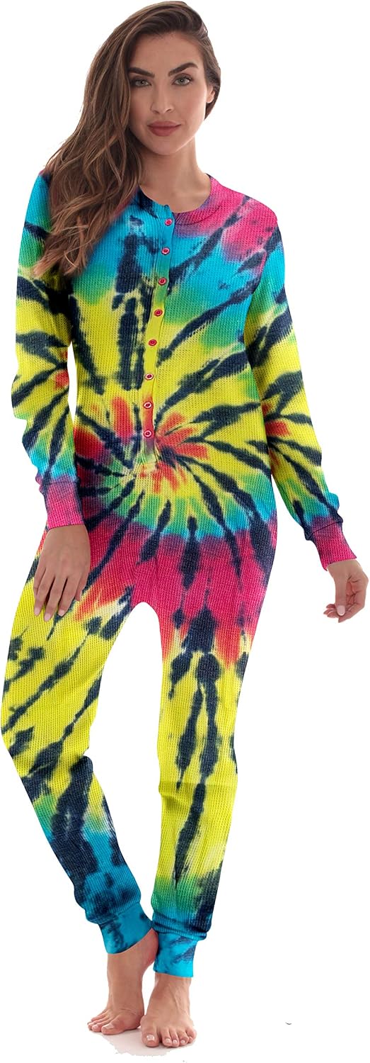 #followme Womens Henley Thermal Onesie Buffalo Plaid and Tie Dye