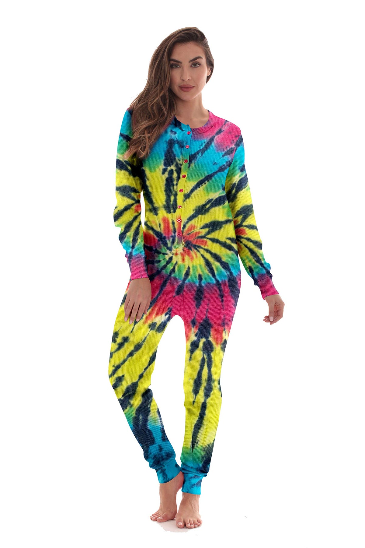 #followme Womens Henley Thermal Onesie Buffalo Plaid and Tie Dye