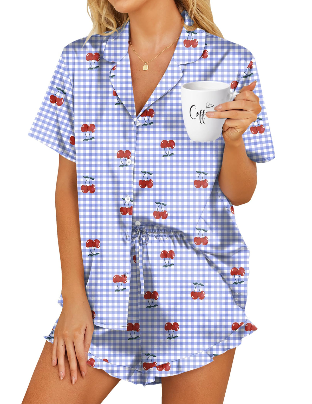 HOTOUCH Womens Satin Pajamas Set Button Down 2 Piece Ruffle Shorts Set