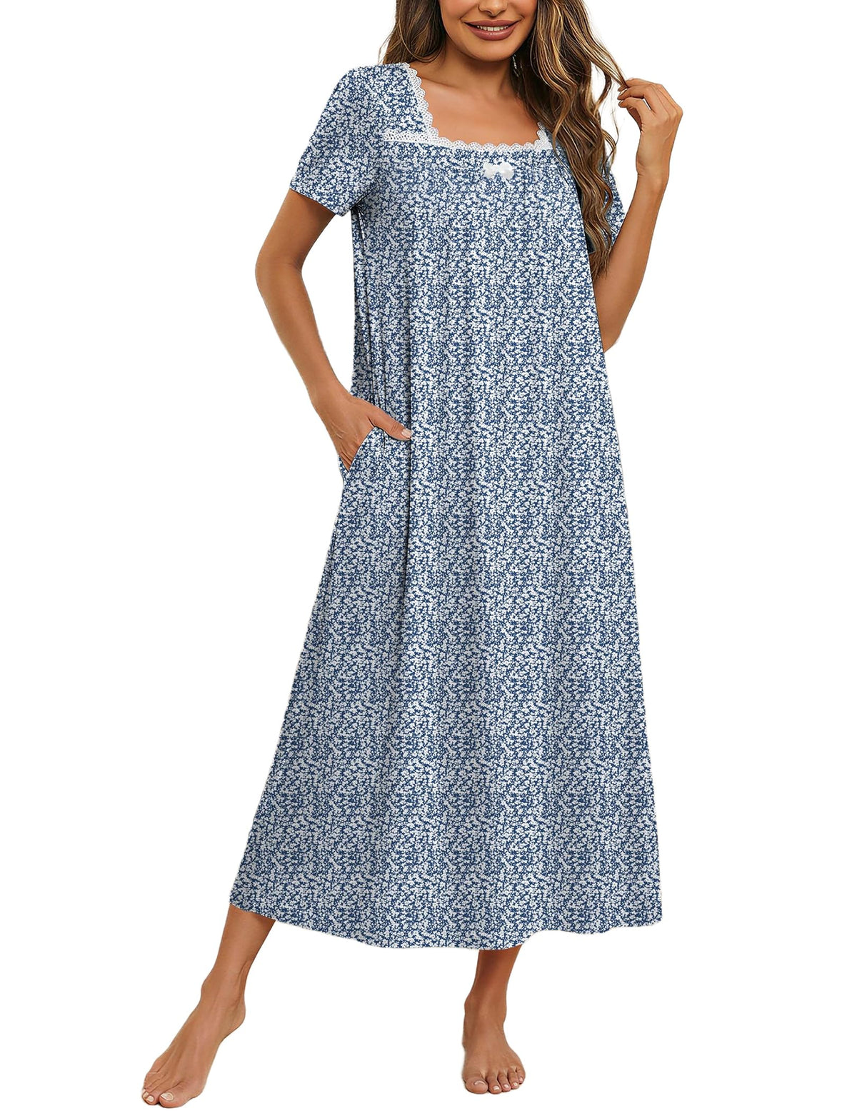 Ekouaer Cotton Long Nightgowns for Women Vintage House Dress with Pockets