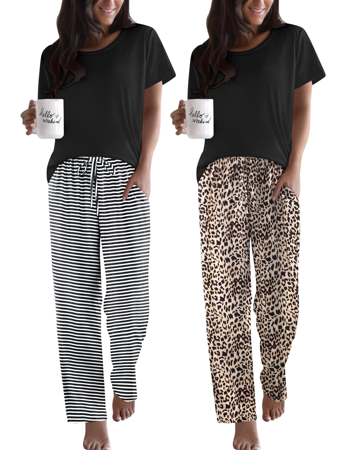 Ekouaer 2 Pack Womens Pajama Set Short Sleeve Top and Printed Pants Soft Pj