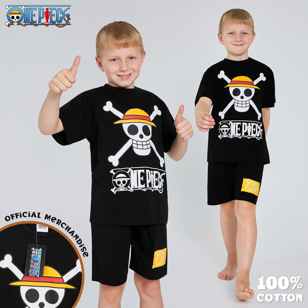 One Piece Pajama Set 2-Piece T shirt and Shorts Set Boys Summer PJ Set Loungewear Kids Clothing Matching Anime Gifts (Black, 11-12 Years)