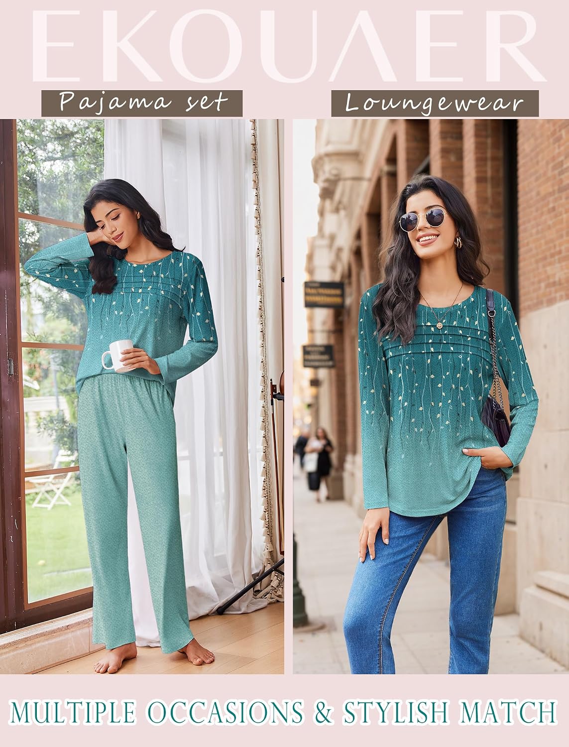 Ekouaer Womens Pajama Sets Pleated Tops with Long Sleeve Fall Lounge Set