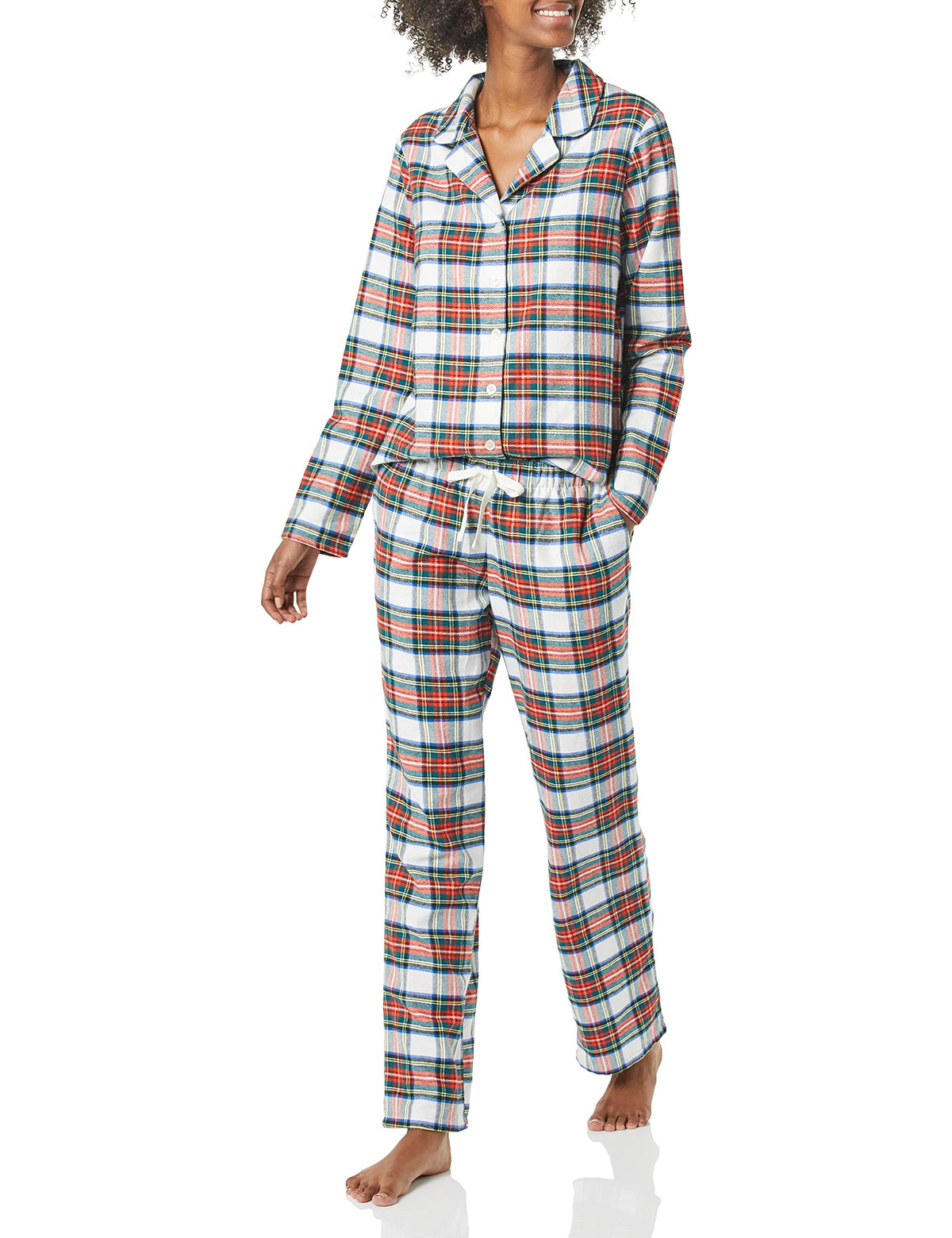 Amazon Essentials Women's Flannel Long-Sleeve Button Front Shirt and Pant Pajama Set