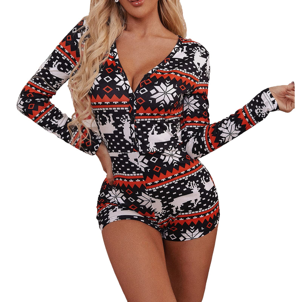 RUEWEY Women V-Neck Shorts Jumpsuit One Piece Bodysuit Pajama Long Sleeve Bodycon Rompers Overall