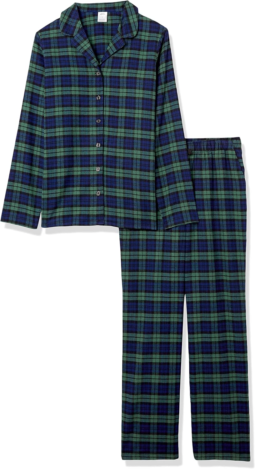 Amazon Essentials Women's Flannel Long-Sleeve Button Front Shirt and Pant Pajama Set