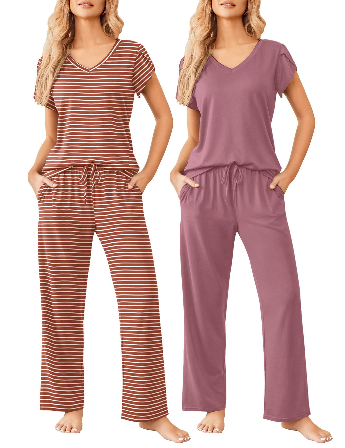 Ekouaer 2 Pack Womens Pajama Set Short Sleeve Sleepwear Soft Pjs Lounge Set