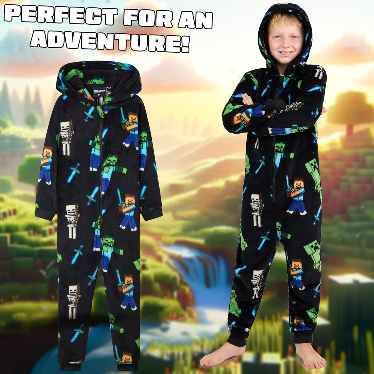 Minecraft Boys Fleece Hooded One-Piece Pajamas, Warm Fleece Hooded Loungewear Suit for Boys - Gifts for Gamers