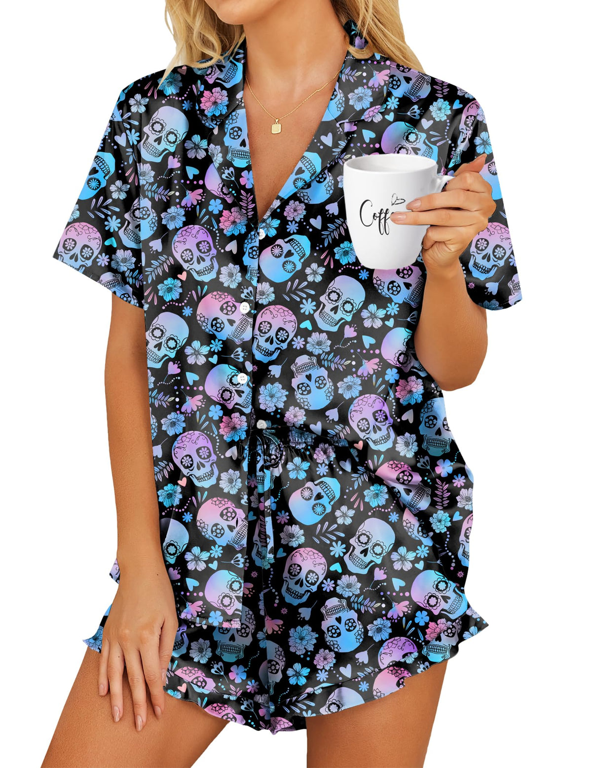 HOTOUCH Womens Satin Pajamas Set Button Down 2 Piece Ruffle Shorts Set
