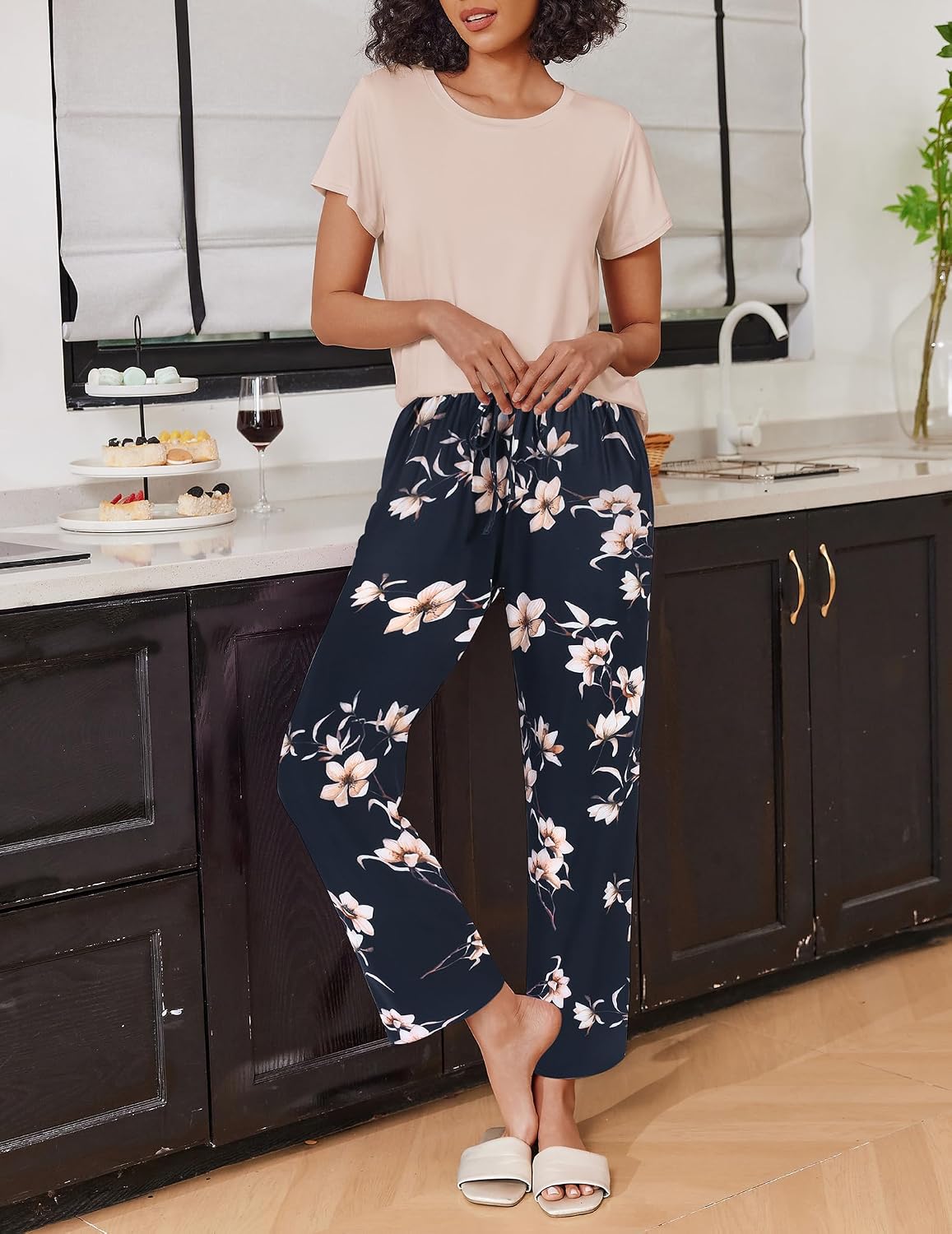 Ekouaer 2 Pack Womens Pajama Set Short Sleeve Top and Printed Pants Soft Pj