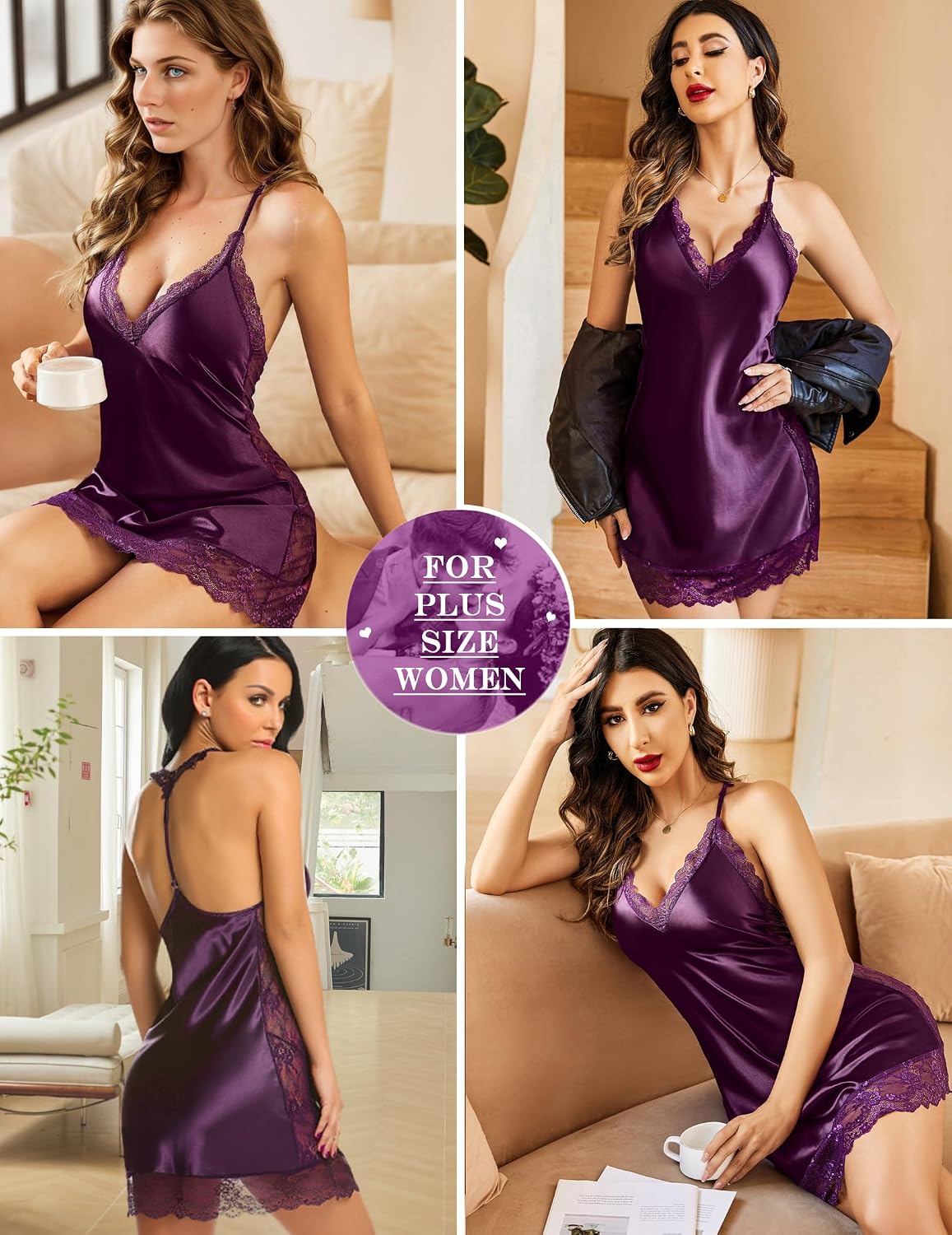 Avidlove Women's Lingerie Satin Lace Chemise Deep V Halter Babydoll S-4XL