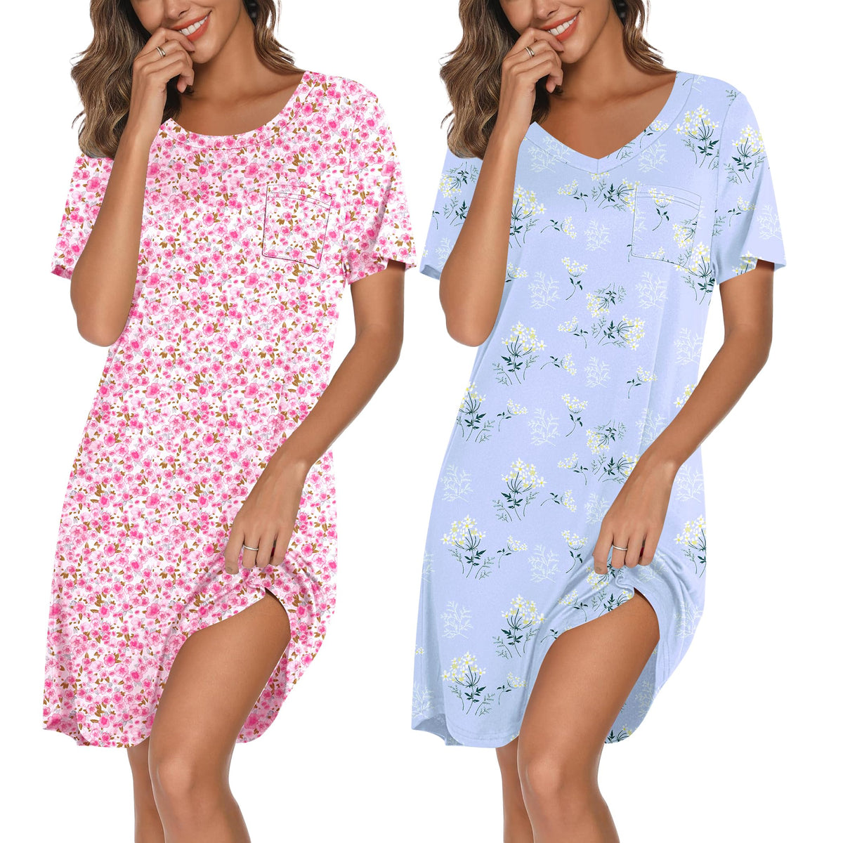 Ekouaer 2 Pack Nightgowns for Women Bamboo Viscose Short Sleeve Sleep Shirt