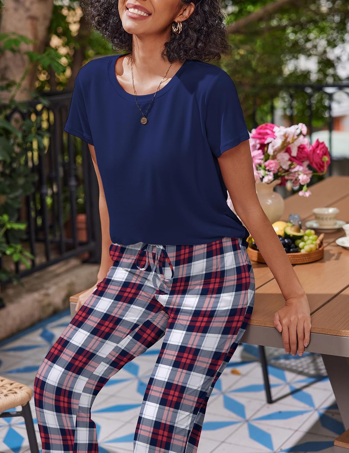 Ekouaer 2 Pack Womens Pajama Set Short Sleeve Top and Printed Pants Soft Pj