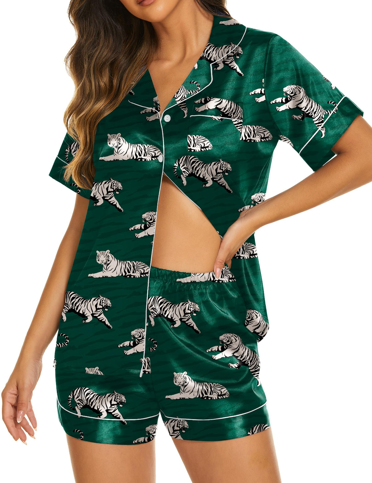 Ekouaer Womens Pajamas Silk Satin Short Sleeve Button Down Pjs Shorts Set