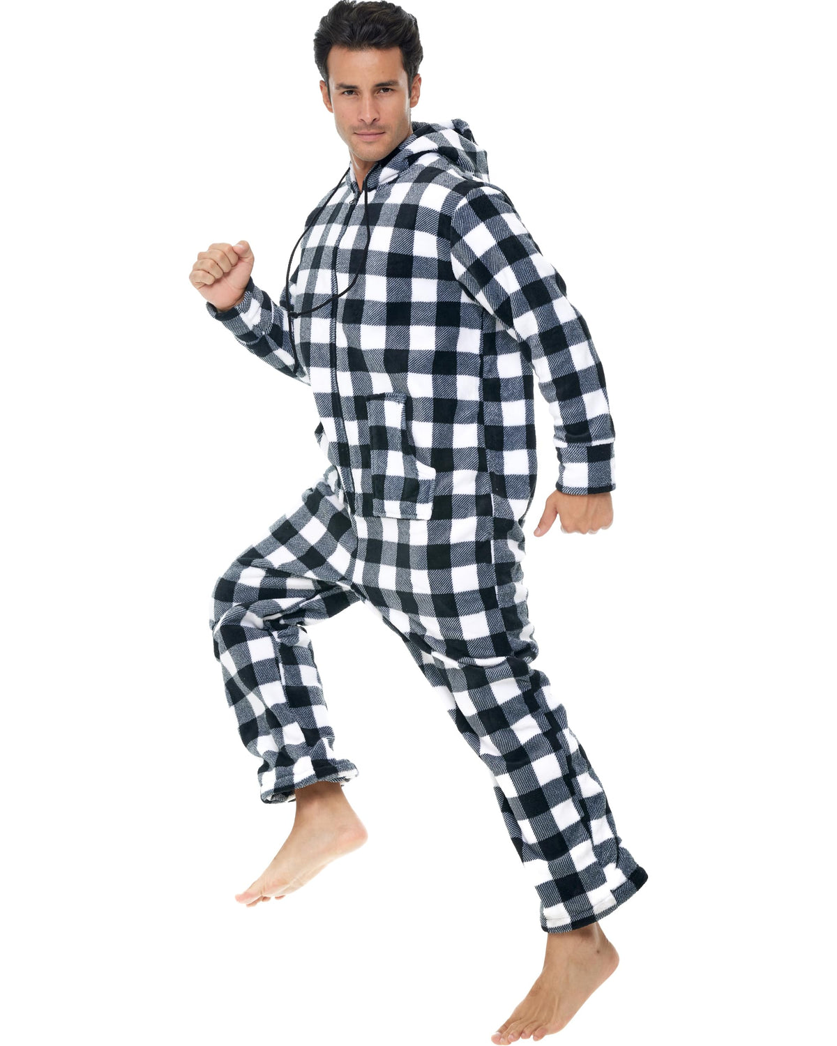 Men's Long Sleeve Plush Fleece Hooded Adult Onesie, Footie Pajamas