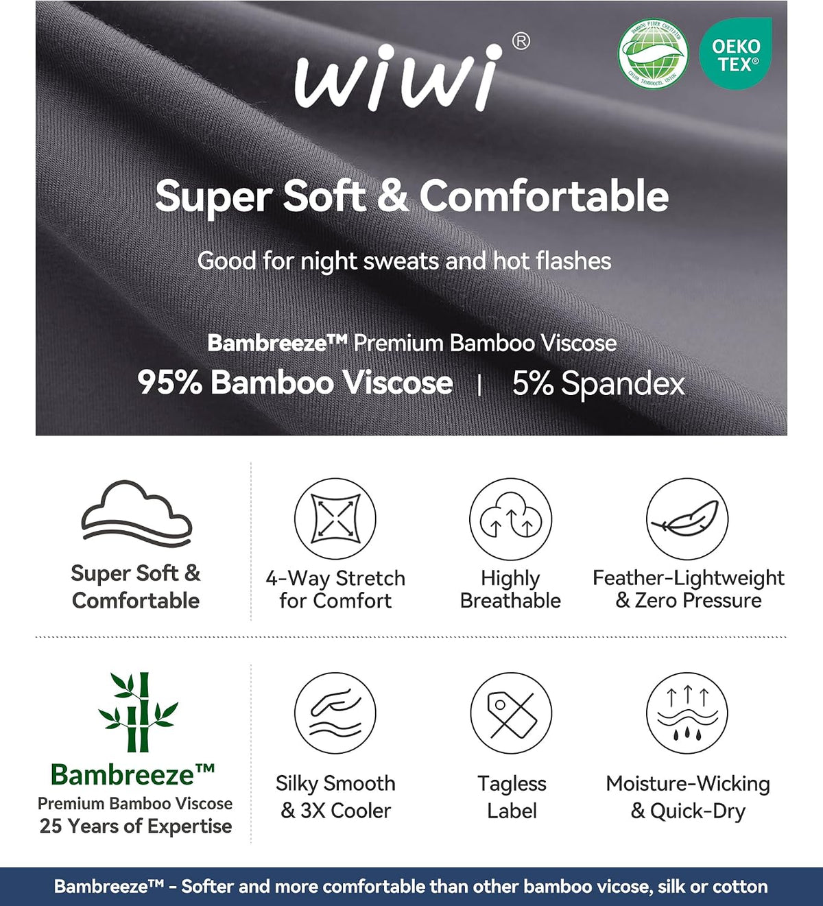 WiWi Bamboo Viscose Womens Pajamas Cooling Sleepwear for Hot Flashes S-4X