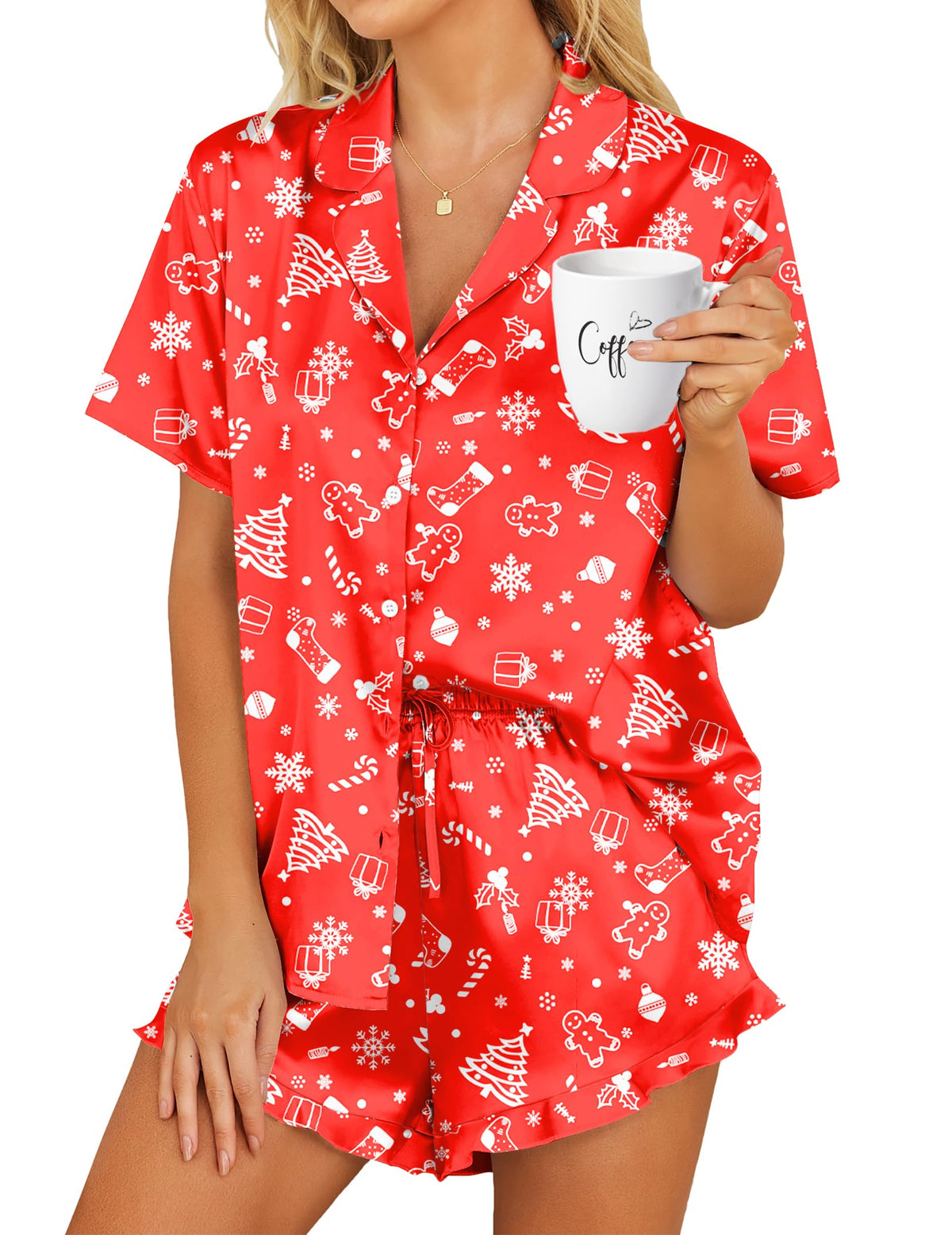 HOTOUCH Womens Satin Pajamas Set Button Down 2 Piece Ruffle Shorts Set