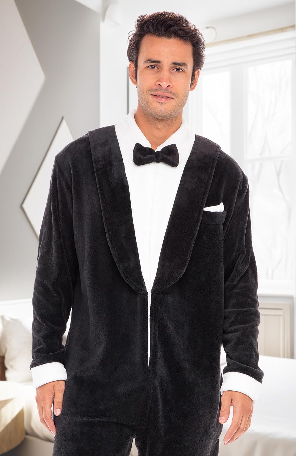Men's Long Sleeve Plush Fleece Hooded Adult Onesie, Footie Pajamas