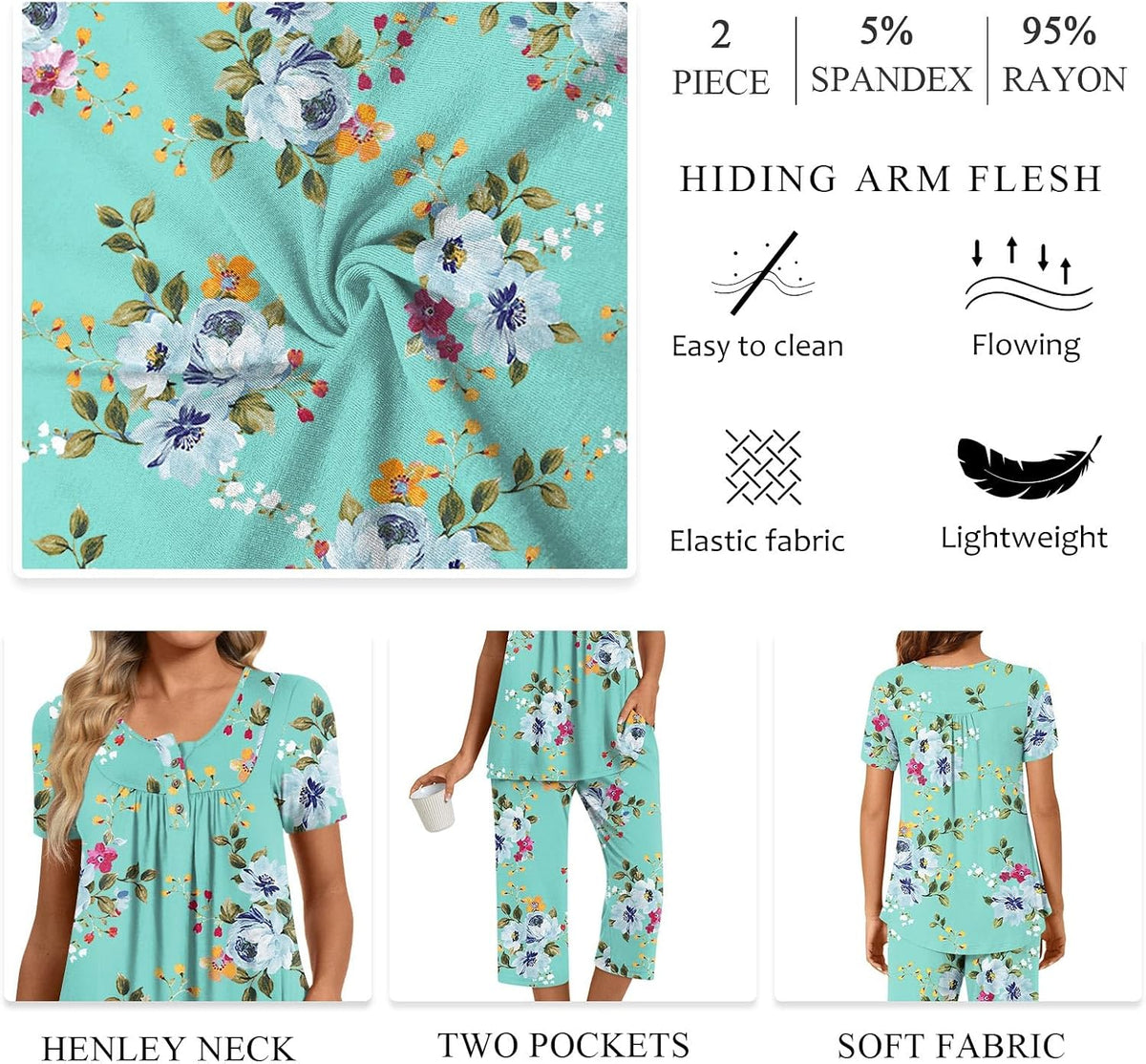 Womens Summer Pajama Sets 2 Piece Short Sleeve Top and Capri Pants Plus Size Ladies Lounge Pjs Sets with Pockets