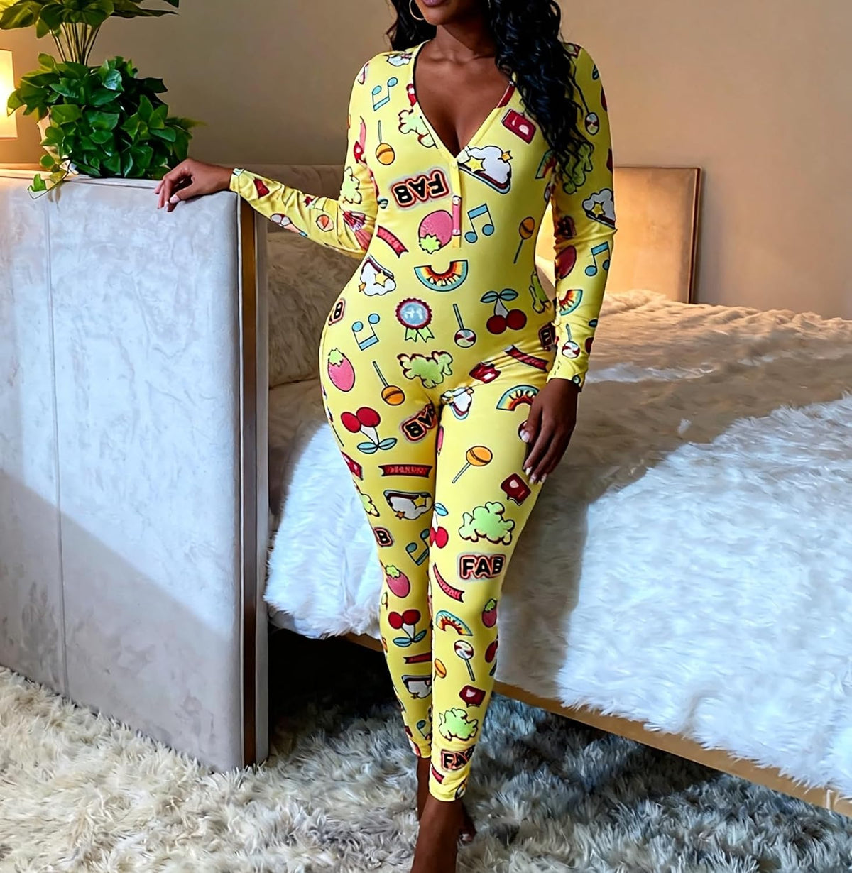 Womens Long Sleeve Button Down One Piece V Neck Bodycon Jumpsuit Pajamas