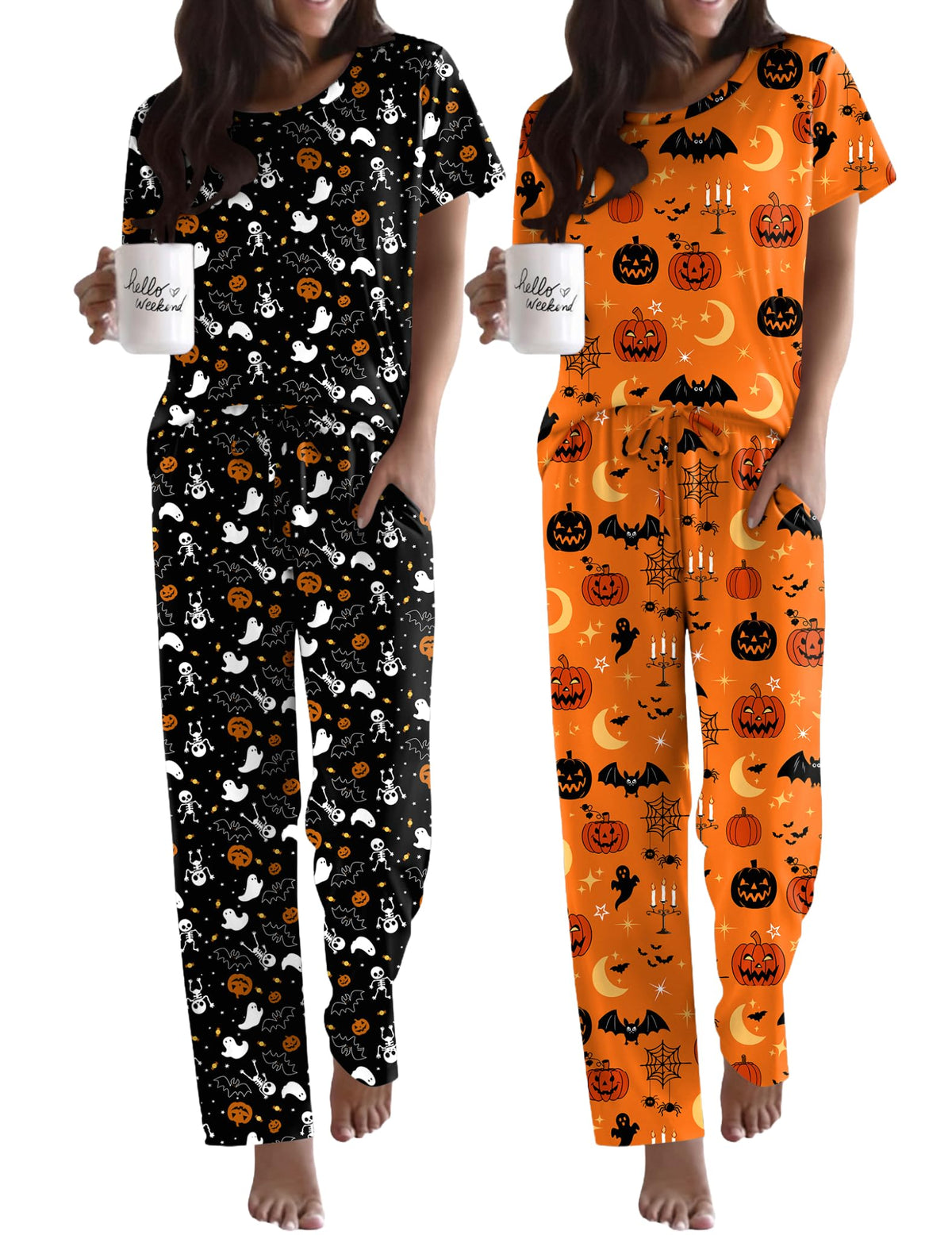 Ekouaer 2 Pack Womens Pajama Set Short Sleeve Top and Printed Pants Soft Pj