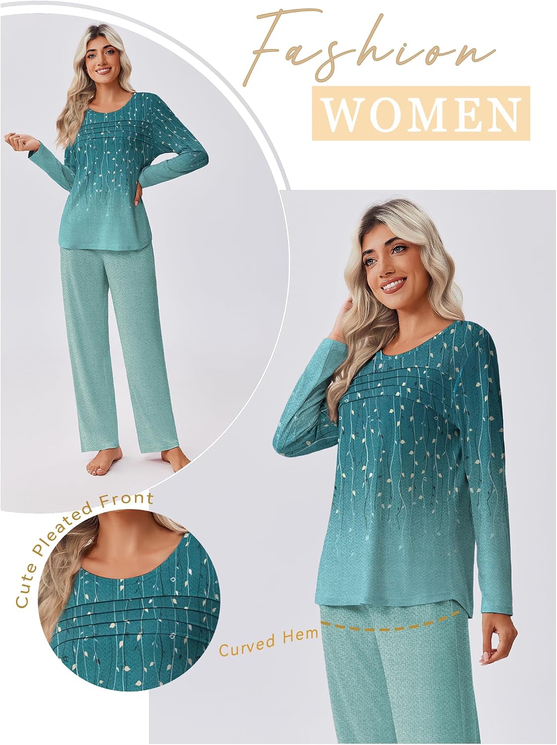 Ekouaer Womens Pajama Sets Pleated Tops with Long Sleeve Fall Lounge Set