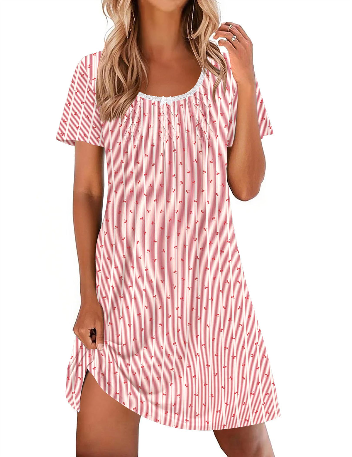 Ekouaer Nightgowns for Women Pleated Sleep Shirts Short Sleeve Night Shirts