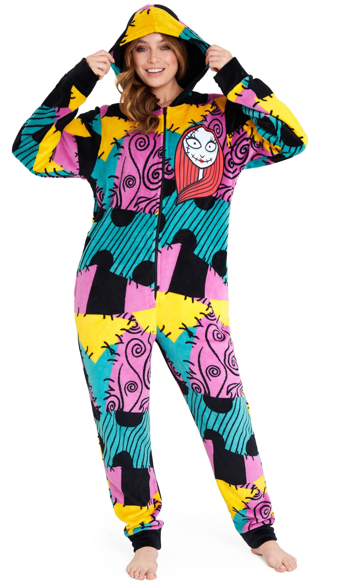 Disney The Nightmare Before Christmas One Piece Pajamas for Women, Teens, Fleece Jumpsuit With Hood, Halloween Gifts