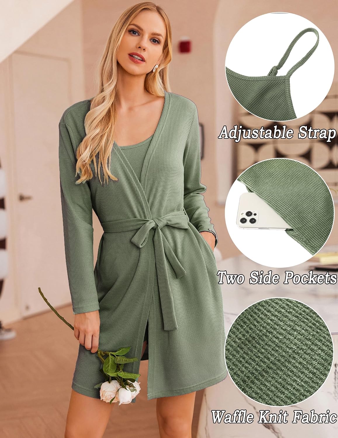 Ekouaer Pajamas for Women Set 3 Piece Soft Waffle Knit Loungewear Outfit