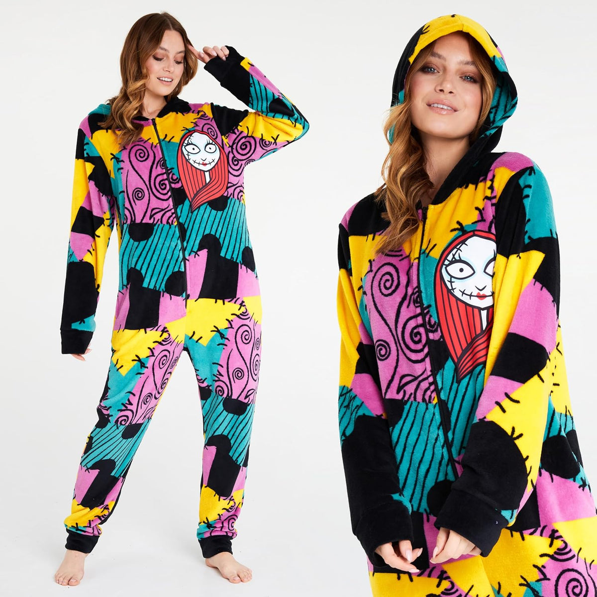 Disney The Nightmare Before Christmas One Piece Pajamas for Women, Teens, Fleece Jumpsuit With Hood, Halloween Gifts