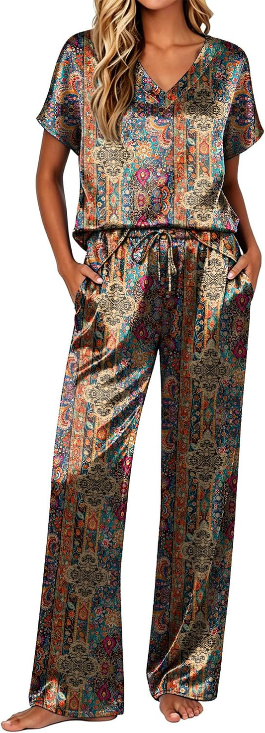 Ekouaer Womens Silk Pajamas Set 2 Piece Satin Pjs Cap Sleeve Loungewear