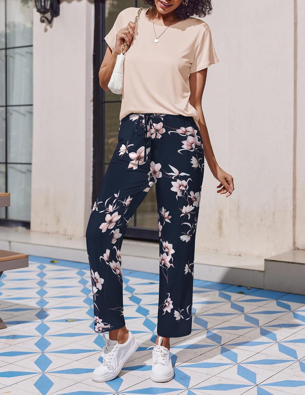 Ekouaer 2 Pack Womens Pajama Set Short Sleeve Top and Printed Pants Soft Pj