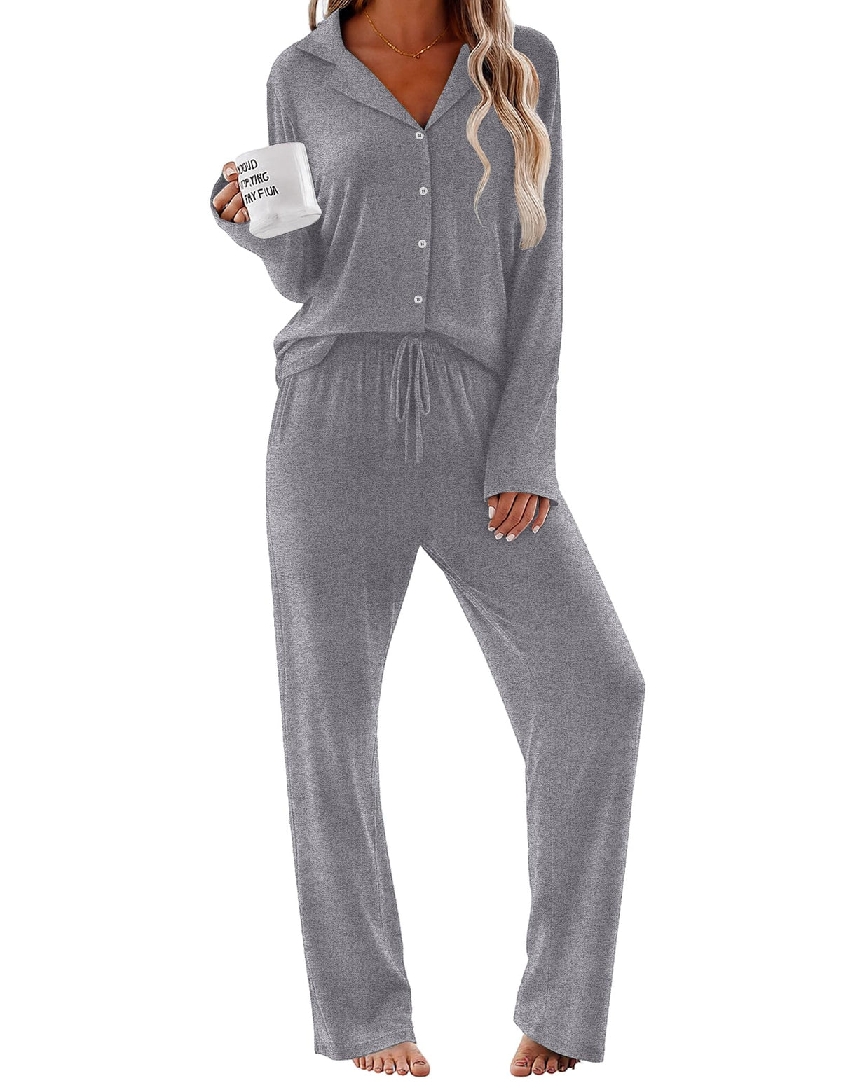 Ekouaer Pajamas for Women Set Button Up Pjs 2 Piece Long Sleeve Lounge Sets