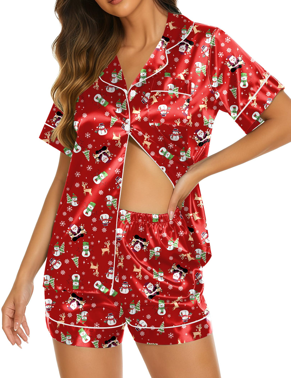 Ekouaer Womens Pajamas Silk Satin Short Sleeve Button Down Pjs Shorts Set