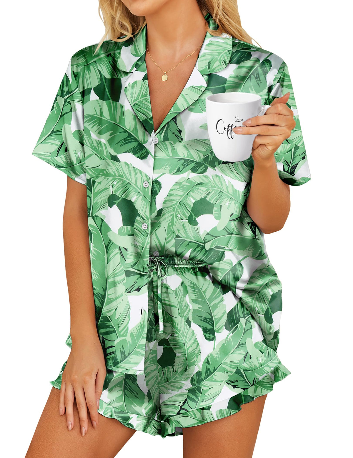 HOTOUCH Womens Satin Pajamas Set Button Down 2 Piece Ruffle Shorts Set